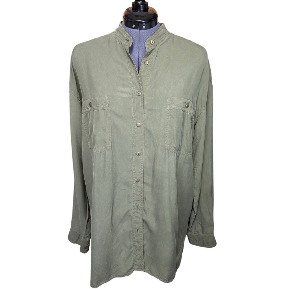 Vintage Hunt Club 100% Silk Shirt Olive Green Womens Medium Tall Mandarin Collar